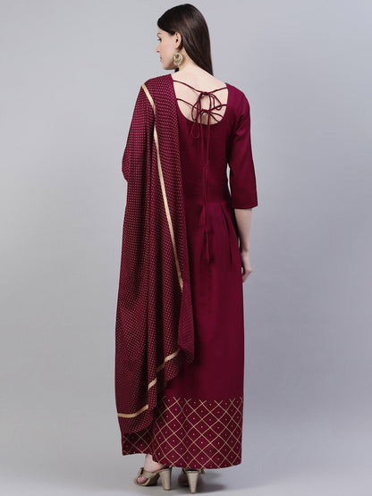 Gold Print Rayon Flared Kurta Dupatta Set (Wine) (Pre-Order)