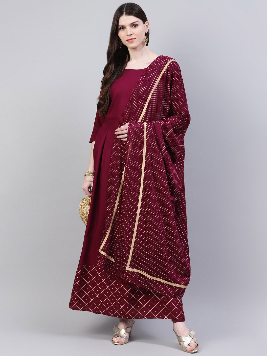 Gold Print Rayon Flared Kurta Dupatta Set (Wine) (Pre-Order)