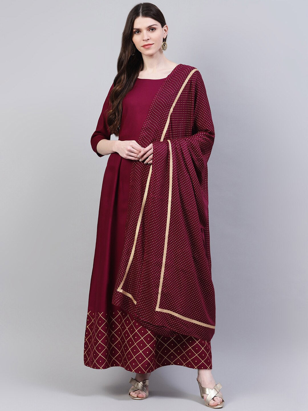 Gold Print Rayon Flared Kurta Dupatta Set (Wine) (Pre-Order)