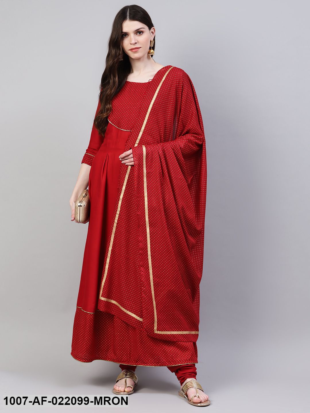Women's Gold Print Rayon Flared Kurta Dupatta Set (Maroon) (Pre-Order)