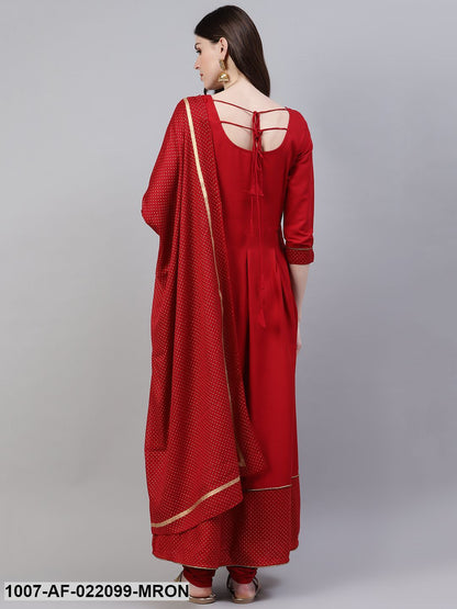 Women's Gold Print Rayon Flared Kurta Dupatta Set (Maroon) (Pre-Order)