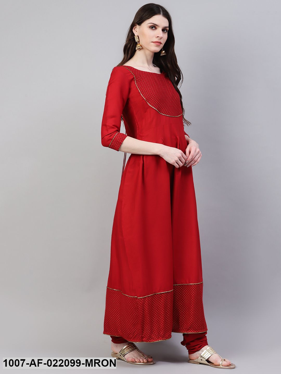 Women's Gold Print Rayon Flared Kurta Dupatta Set (Maroon) (Pre-Order)