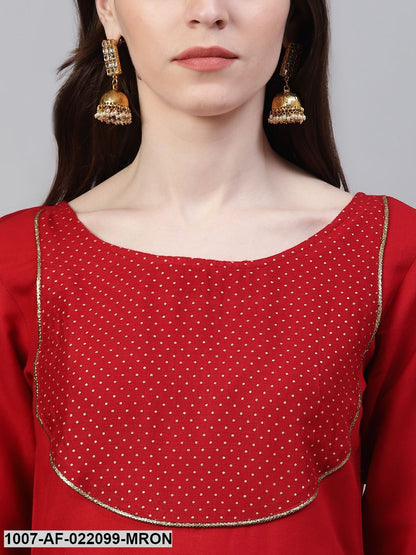 Women's Gold Print Rayon Flared Kurta Dupatta Set (Maroon) (Pre-Order)