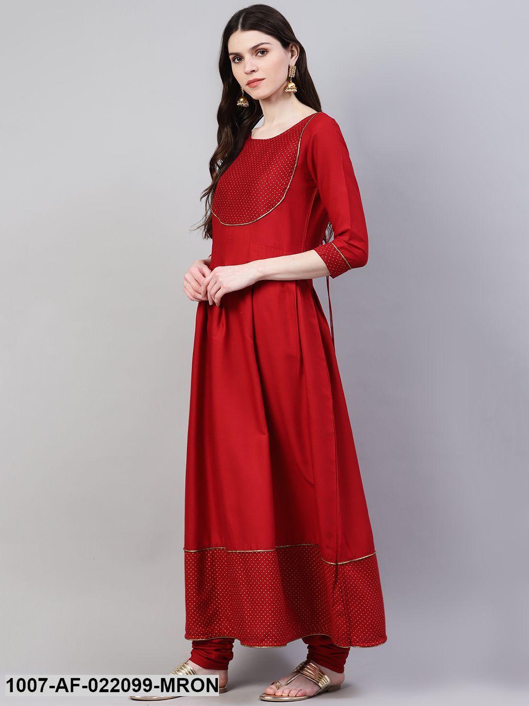 Women's Gold Print Rayon Flared Kurta Dupatta Set (Maroon) (Pre-Order)