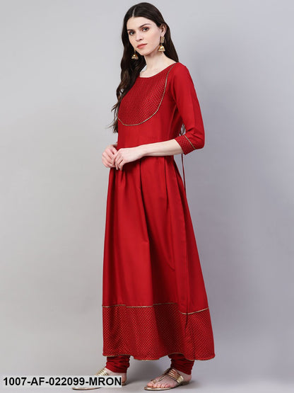 Women's Gold Print Rayon Flared Kurta Dupatta Set (Maroon) (Pre-Order)