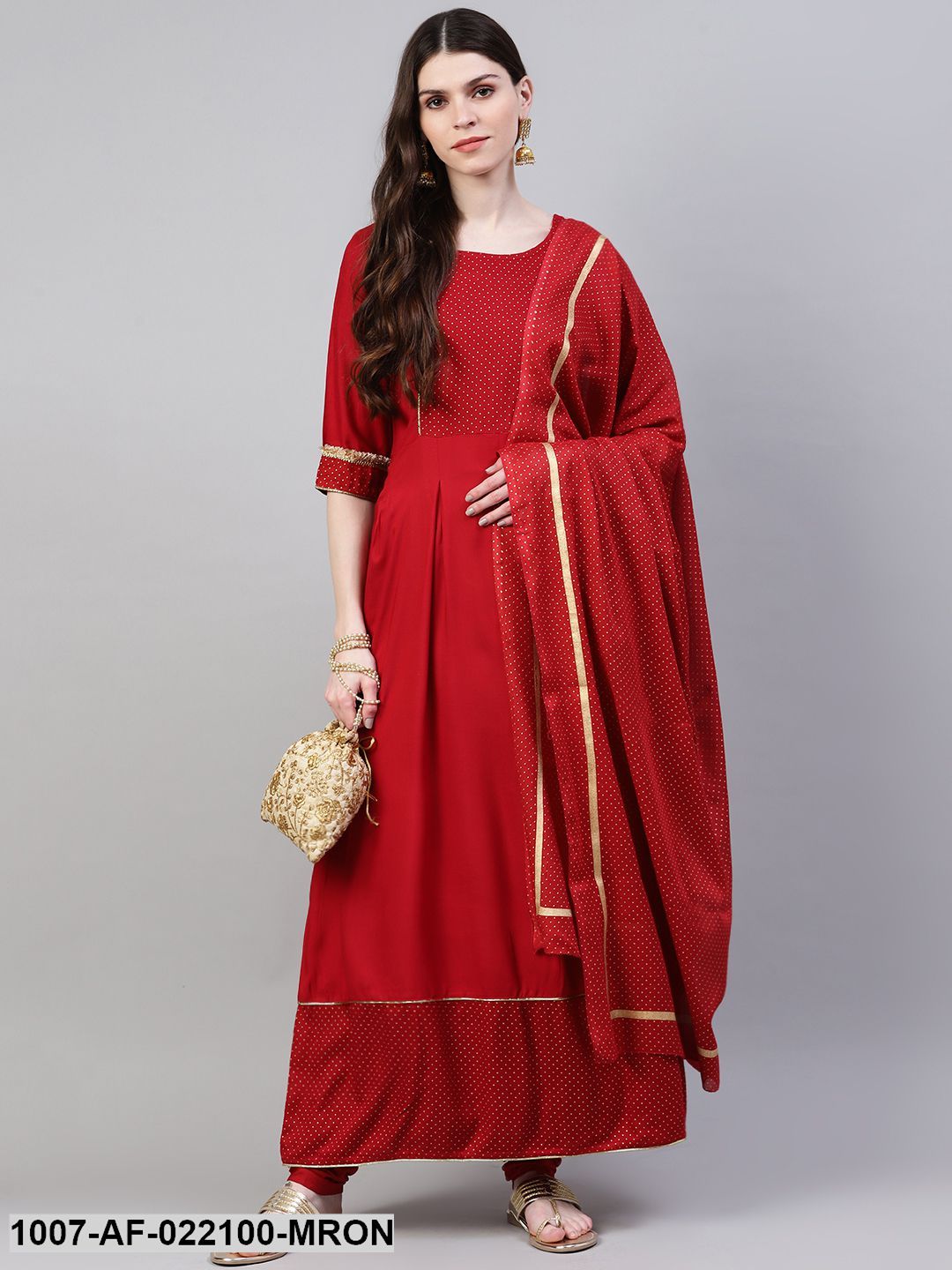 Women's Gold Print Rayon Flared Kurta Dupatta Set (Maroon) (Pre-Order)