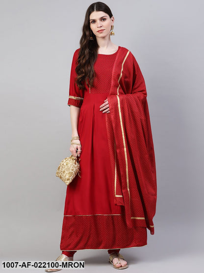 Women's Gold Print Rayon Flared Kurta Dupatta Set (Maroon) (Pre-Order)