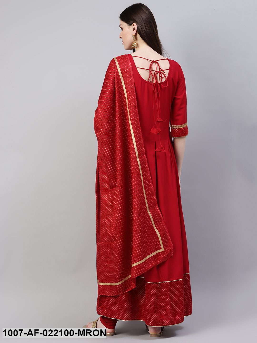 Women's Gold Print Rayon Flared Kurta Dupatta Set (Maroon) (Pre-Order)