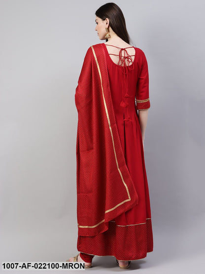 Women's Gold Print Rayon Flared Kurta Dupatta Set (Maroon) (Pre-Order)