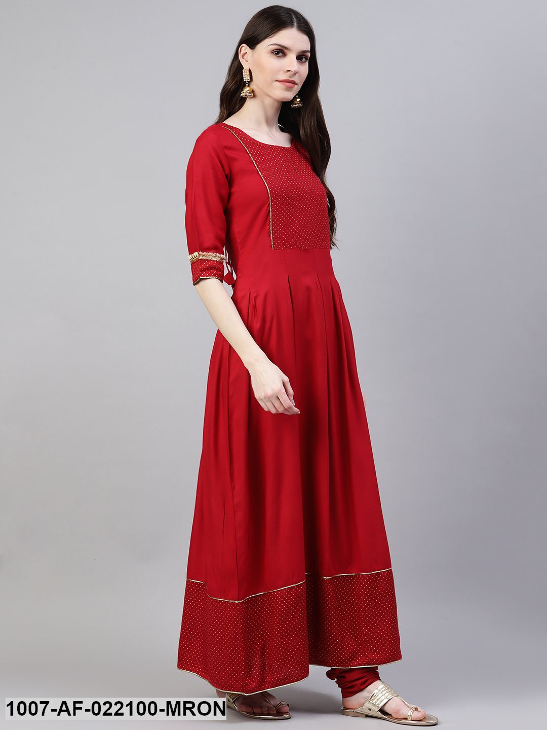 Women's Gold Print Rayon Flared Kurta Dupatta Set (Maroon) (Pre-Order)