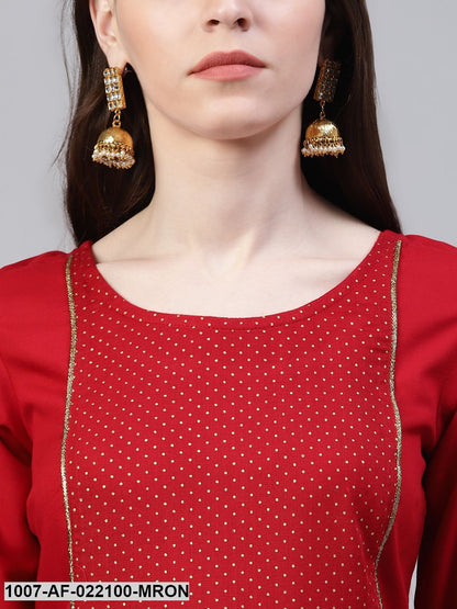 Women's Gold Print Rayon Flared Kurta Dupatta Set (Maroon) (Pre-Order)