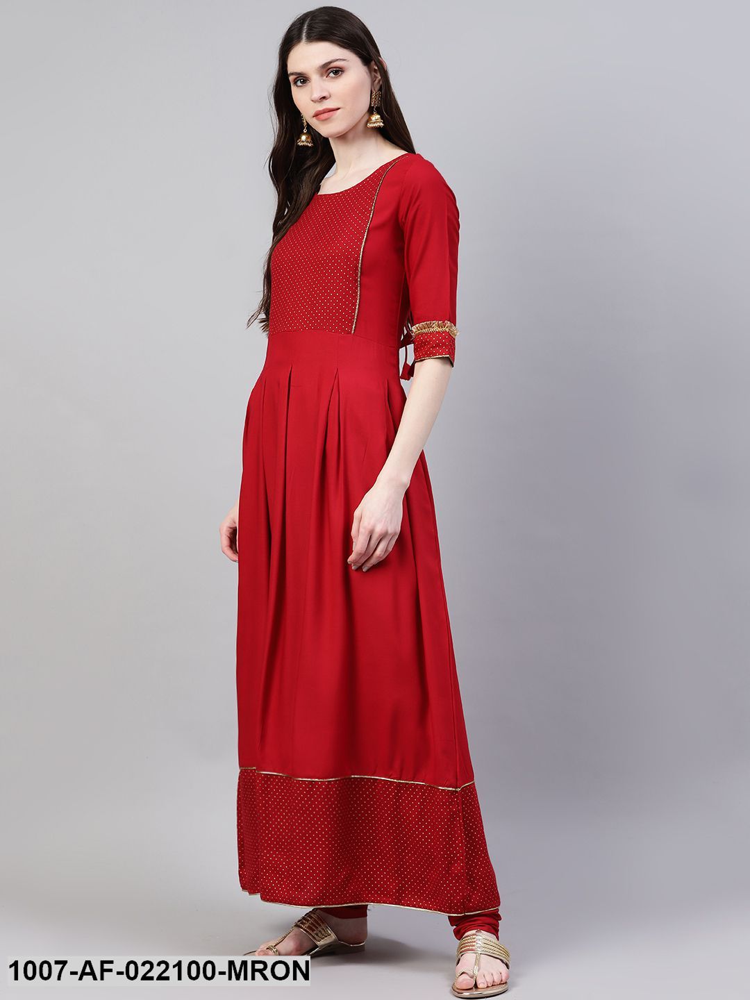 Women's Gold Print Rayon Flared Kurta Dupatta Set (Maroon) (Pre-Order)