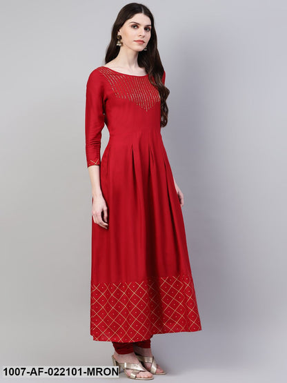 Women's Embroidered Rayon Flared Kurta Dupatta Set (Maroon) (Pre-Order)