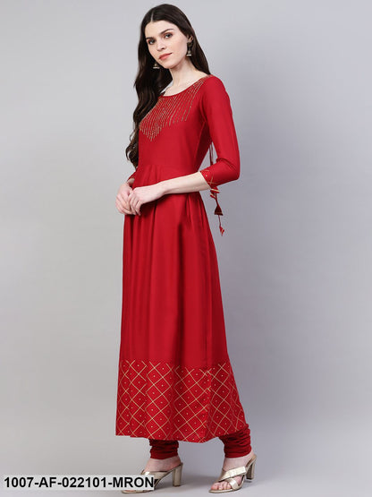 Women's Embroidered Rayon Flared Kurta Dupatta Set (Maroon) (Pre-Order)