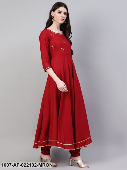 Women's Embroidered Rayon Flared Kurta Dupatta Set (Maroon) (Pre-Order)