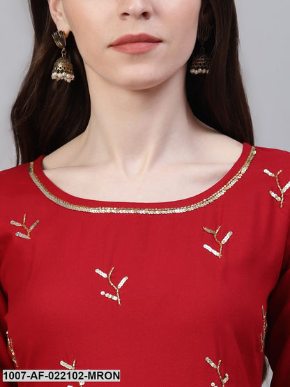 Women's Embroidered Rayon Flared Kurta Dupatta Set (Maroon) (Pre-Order)