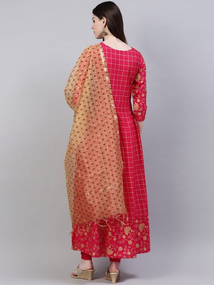 Women's Checkered Rayon Flared Kurta Dupatta Set (Pink, Beige) (Pre-Order)