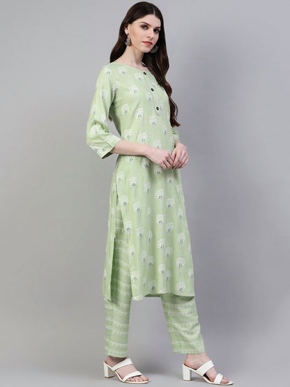 Women's Printed Rayon Straight Kurta Pant Dupatta Set (Pastel Green) (Pre-Order)
