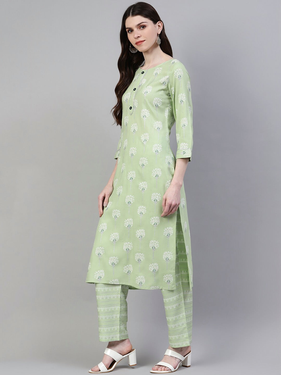 Women's Printed Rayon Straight Kurta Pant Dupatta Set (Pastel Green) (Pre-Order)
