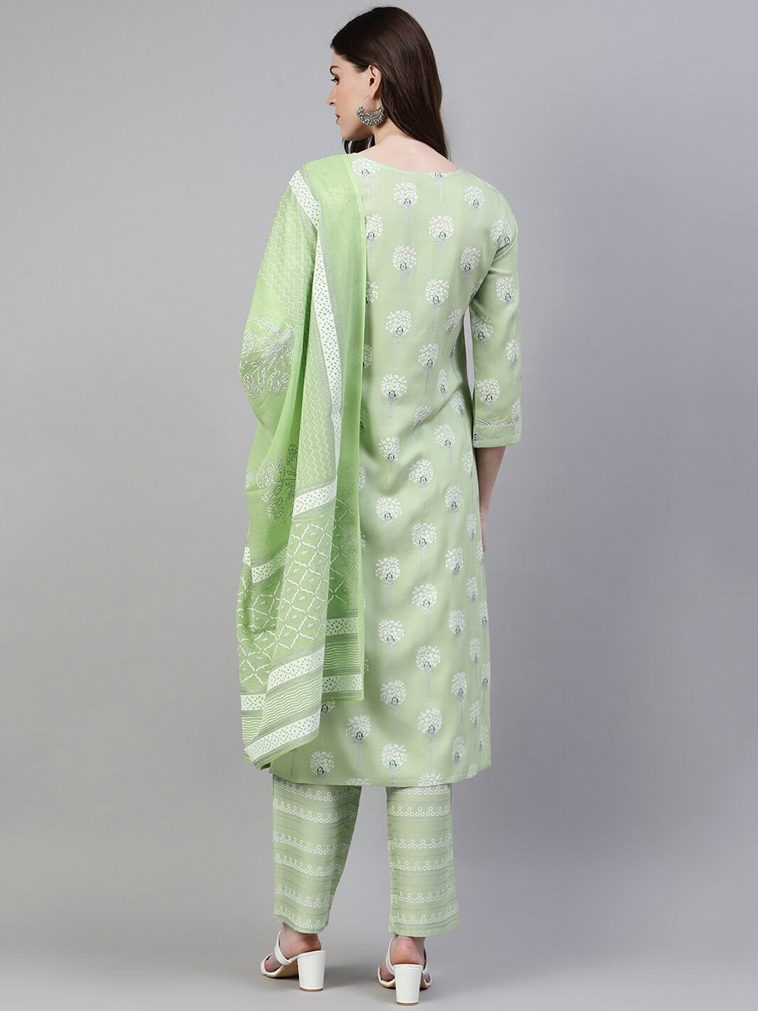 Women's Printed Rayon Straight Kurta Pant Dupatta Set (Pastel Green) (Pre-Order)