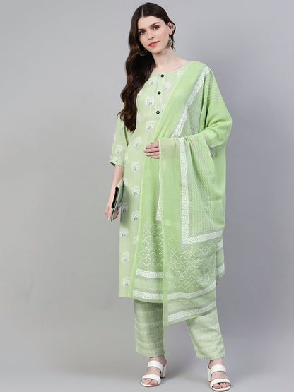 Women's Printed Rayon Straight Kurta Pant Dupatta Set (Pastel Green) (Pre-Order)
