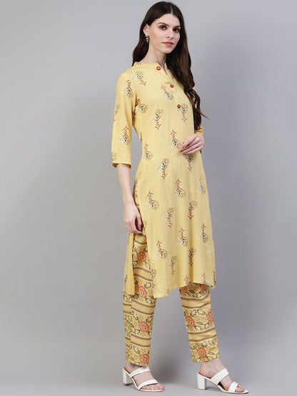 Women's Printed Rayon Straight Kurta Pant Dupatta Set (Pastel Yellow) (Pre-Order)