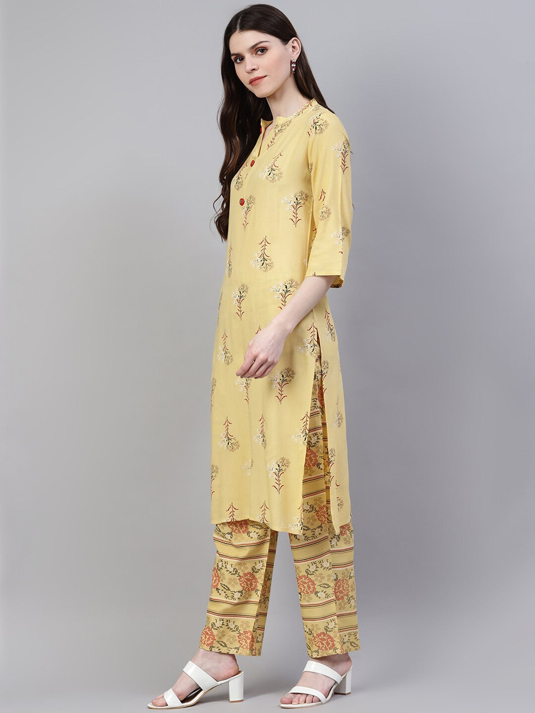 Women's Printed Rayon Straight Kurta Pant Dupatta Set (Pastel Yellow) (Pre-Order)