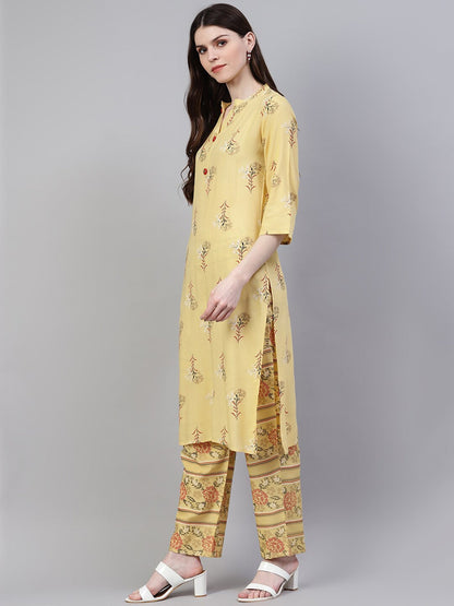 Women's Printed Rayon Straight Kurta Pant Dupatta Set (Pastel Yellow) (Pre-Order)