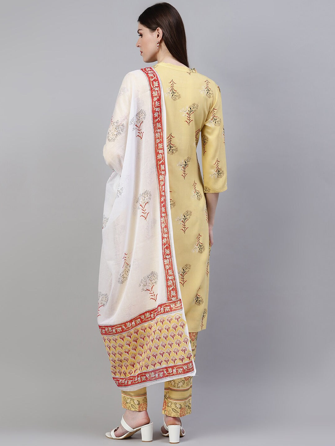 Women's Printed Rayon Straight Kurta Pant Dupatta Set (Pastel Yellow) (Pre-Order)