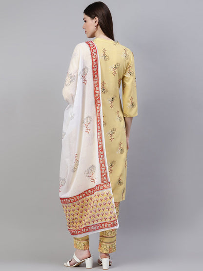 Women's Printed Rayon Straight Kurta Pant Dupatta Set (Pastel Yellow) (Pre-Order)