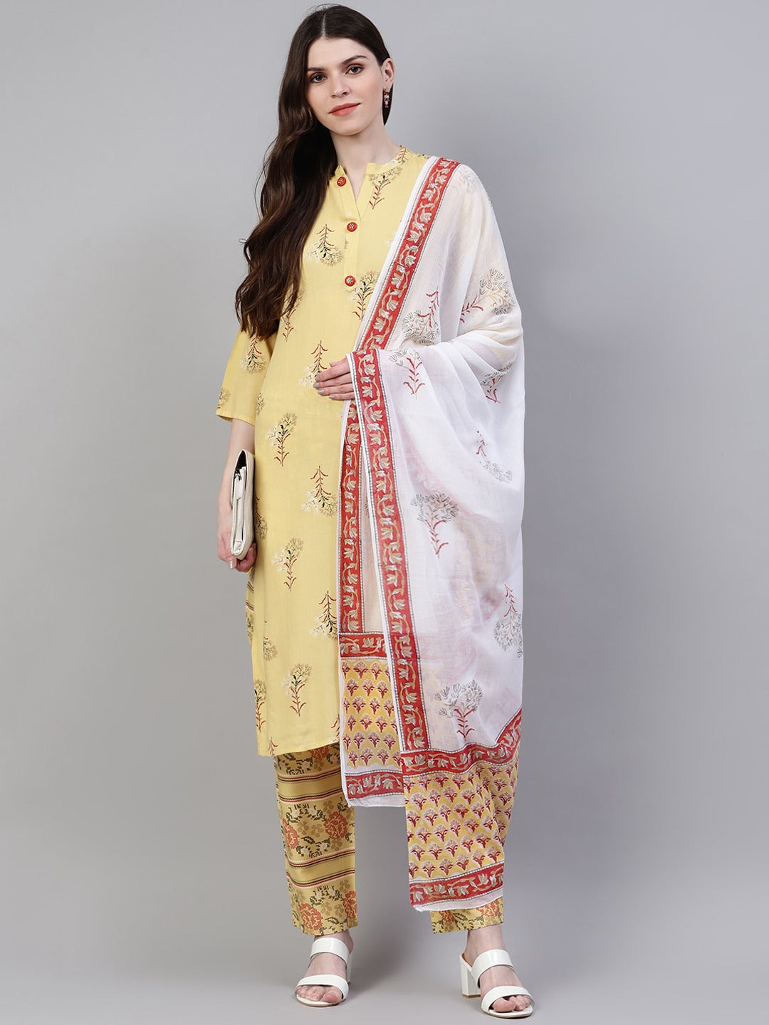 Women's Printed Rayon Straight Kurta Pant Dupatta Set (Pastel Yellow) (Pre-Order)