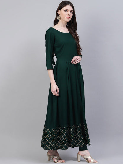 Women's Gold Print Rayon Flared Kurta Dupatta Set (Dark Green) (Pre-Order)