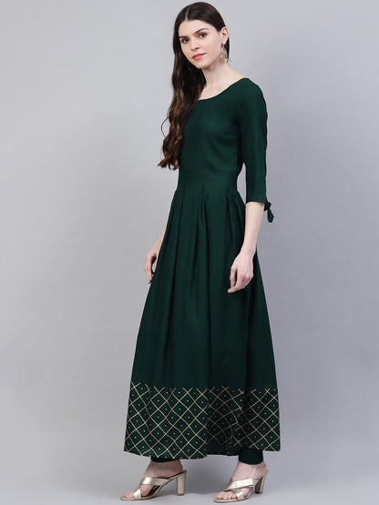 Women's Gold Print Rayon Flared Kurta Dupatta Set (Dark Green) (Pre-Order)