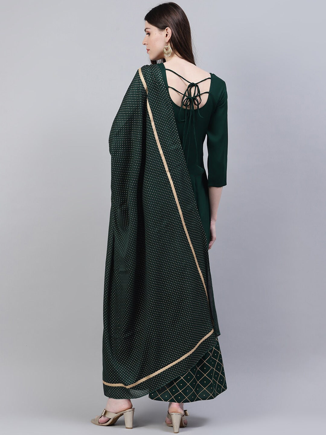 Women's Gold Print Rayon Flared Kurta Dupatta Set (Dark Green) (Pre-Order)
