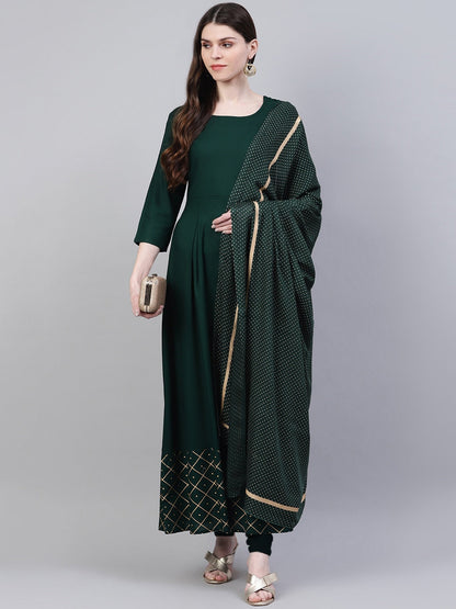Women's Gold Print Rayon Flared Kurta Dupatta Set (Dark Green) (Pre-Order)