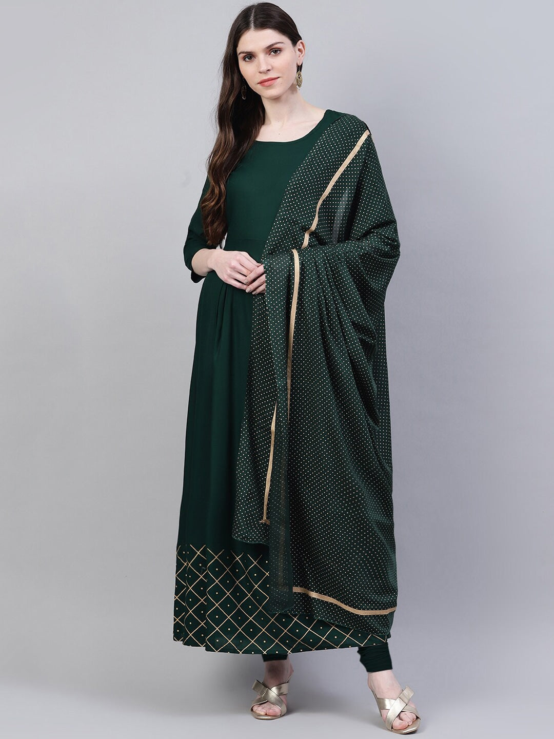 Women's Gold Print Rayon Flared Kurta Dupatta Set (Dark Green) (Pre-Order)