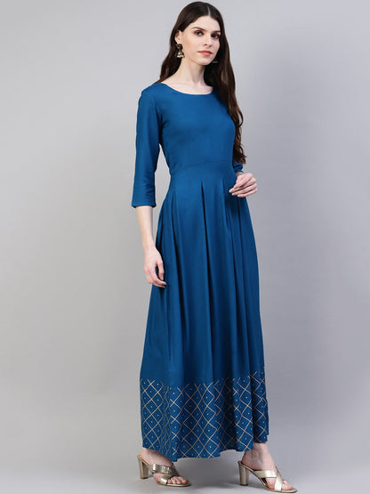 Women's Gold Print Rayon Flared Kurta Dupatta Set (Teal Blue) (Pre-Order)