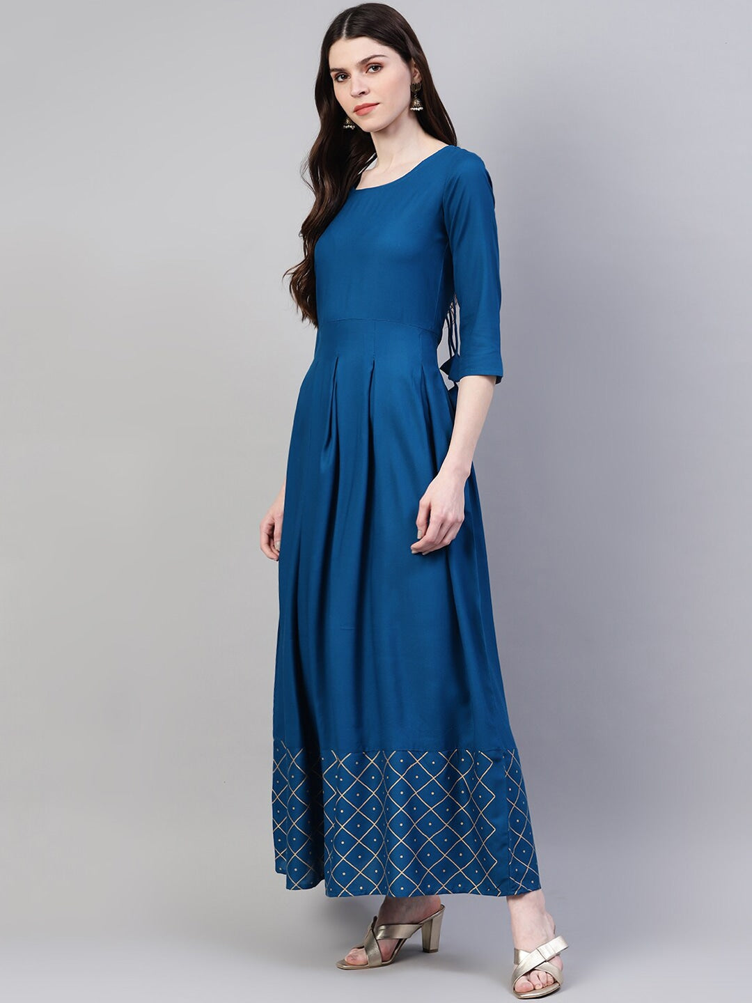 Women's Gold Print Rayon Flared Kurta Dupatta Set (Teal Blue) (Pre-Order)