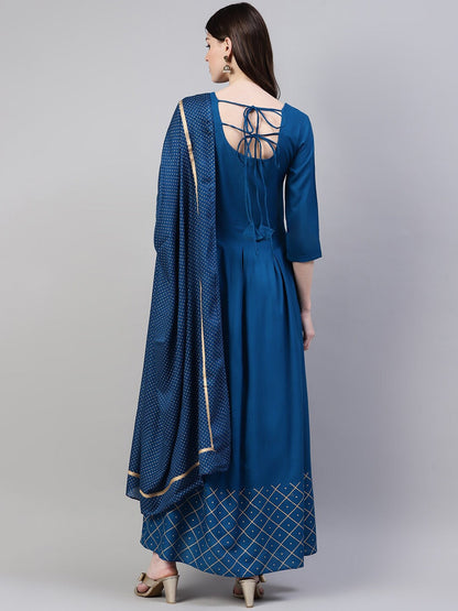 Women's Gold Print Rayon Flared Kurta Dupatta Set (Teal Blue) (Pre-Order)