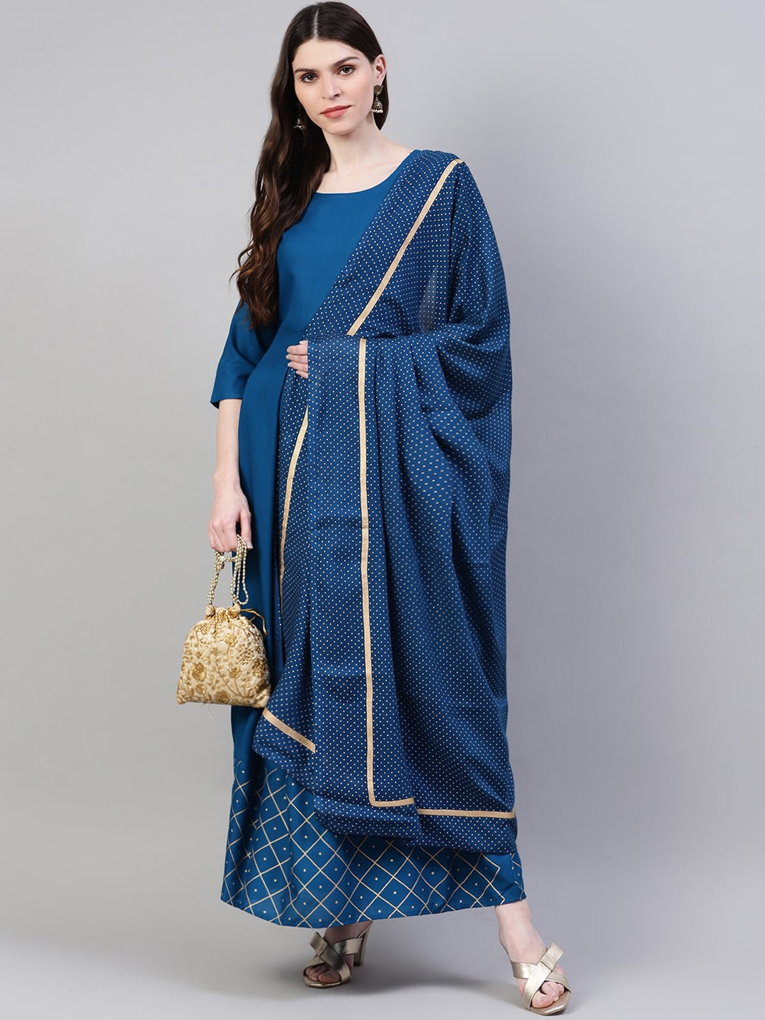 Women's Gold Print Rayon Flared Kurta Dupatta Set (Teal Blue) (Pre-Order)
