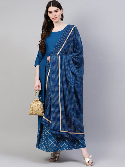 Women's Gold Print Rayon Flared Kurta Dupatta Set (Teal Blue) (Pre-Order)