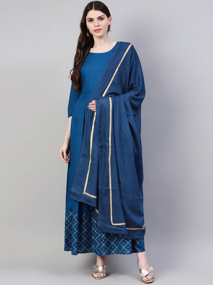 Women's Gold Print Rayon Flared Kurta Dupatta Set (Teal Blue) (Pre-Order)