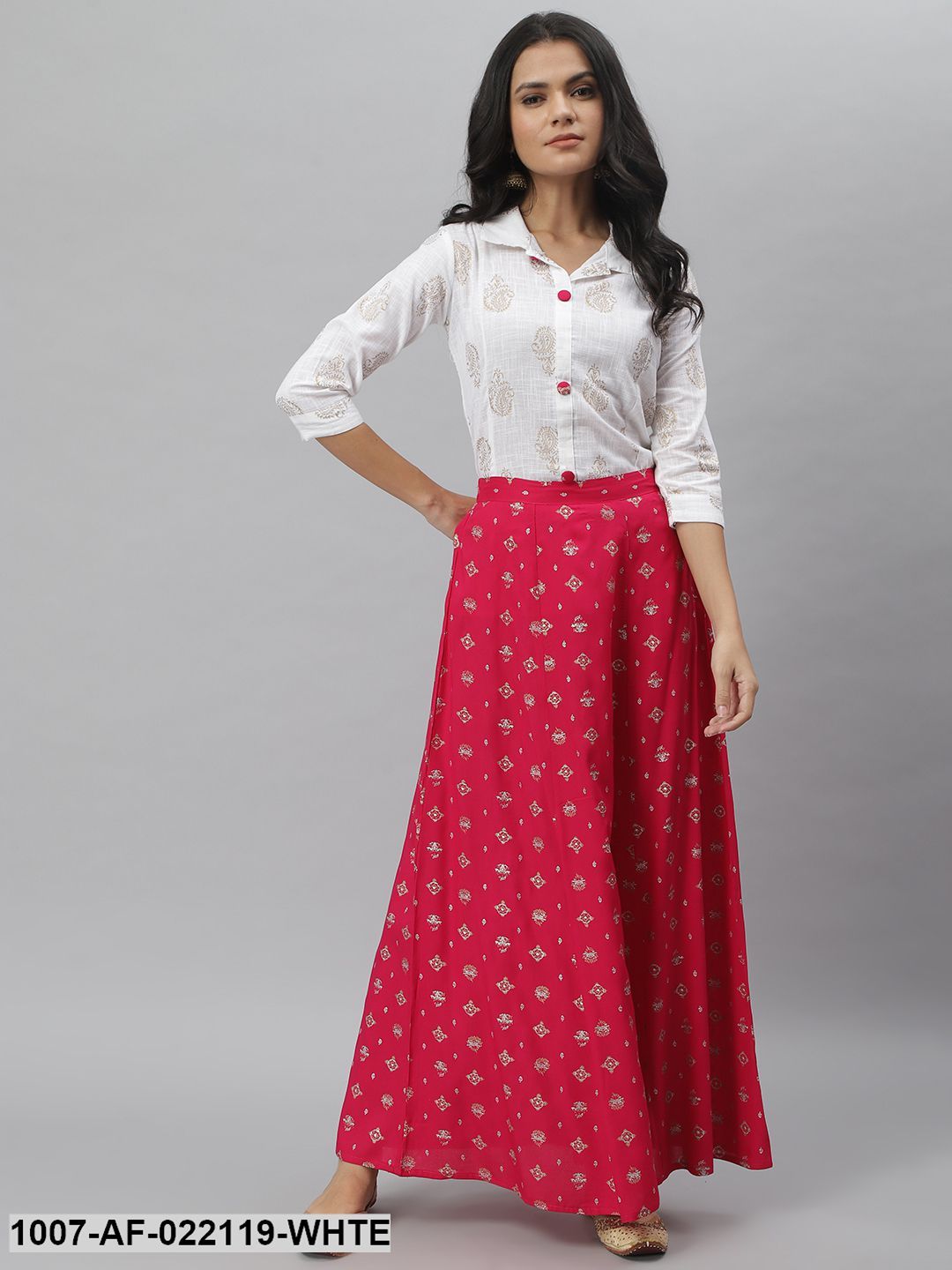 Women's Printed Cotton Blend Shirt Skirt Set (Off White, Pink) (Pre-Order)