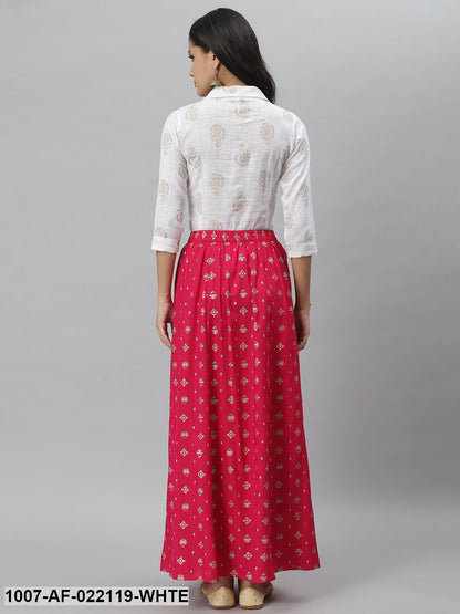Women's Printed Cotton Blend Shirt Skirt Set (Off White, Pink) (Pre-Order)