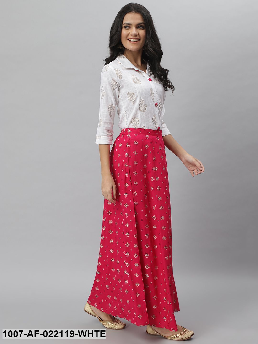 Women's Printed Cotton Blend Shirt Skirt Set (Off White, Pink) (Pre-Order)