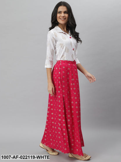 Women's Printed Cotton Blend Shirt Skirt Set (Off White, Pink) (Pre-Order)