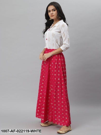 Women's Printed Cotton Blend Shirt Skirt Set (Off White, Pink) (Pre-Order)