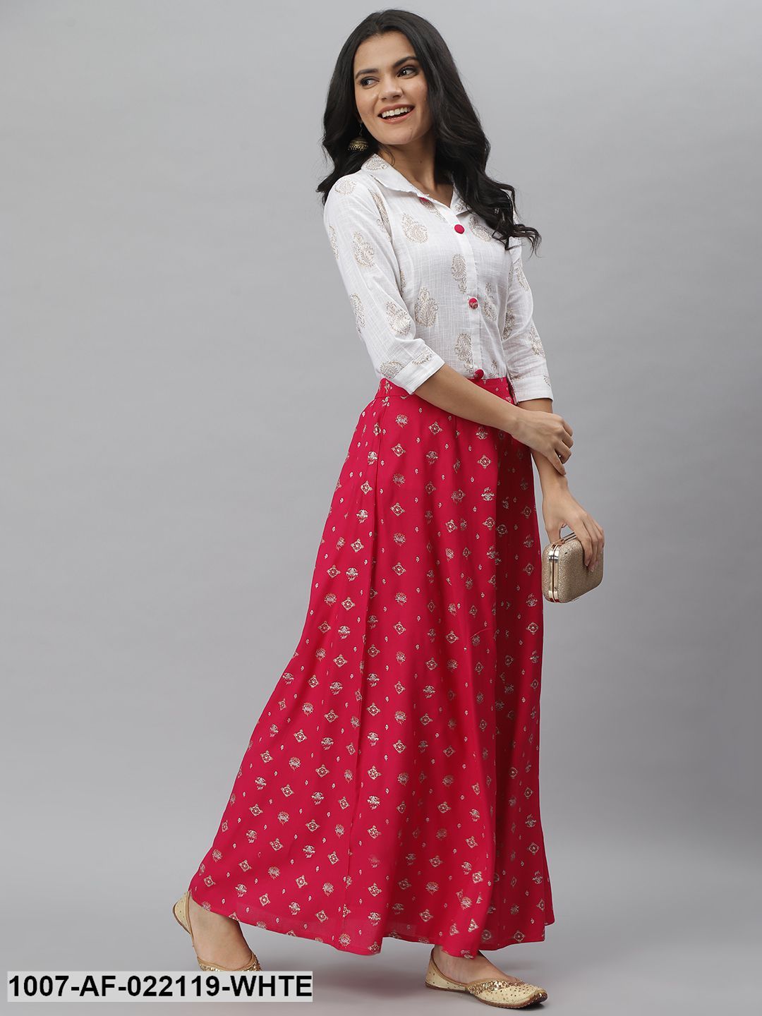 Women's Printed Cotton Blend Shirt Skirt Set (Off White, Pink) (Pre-Order)