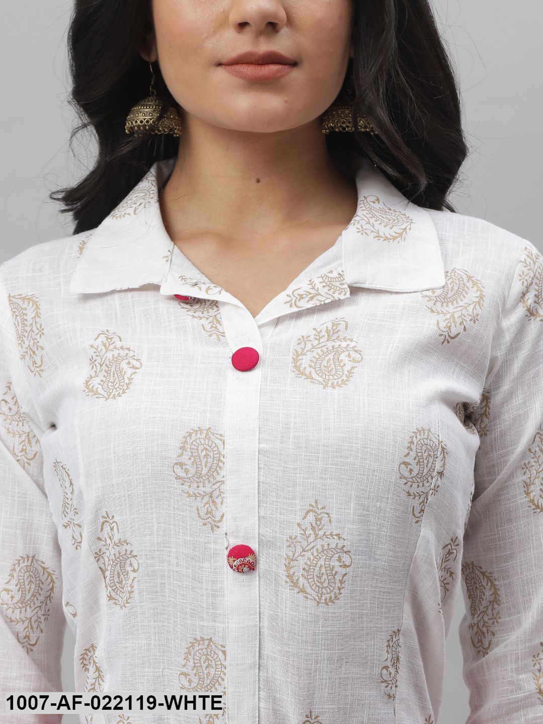 Women's Printed Cotton Blend Shirt Skirt Set (Off White, Pink) (Pre-Order)