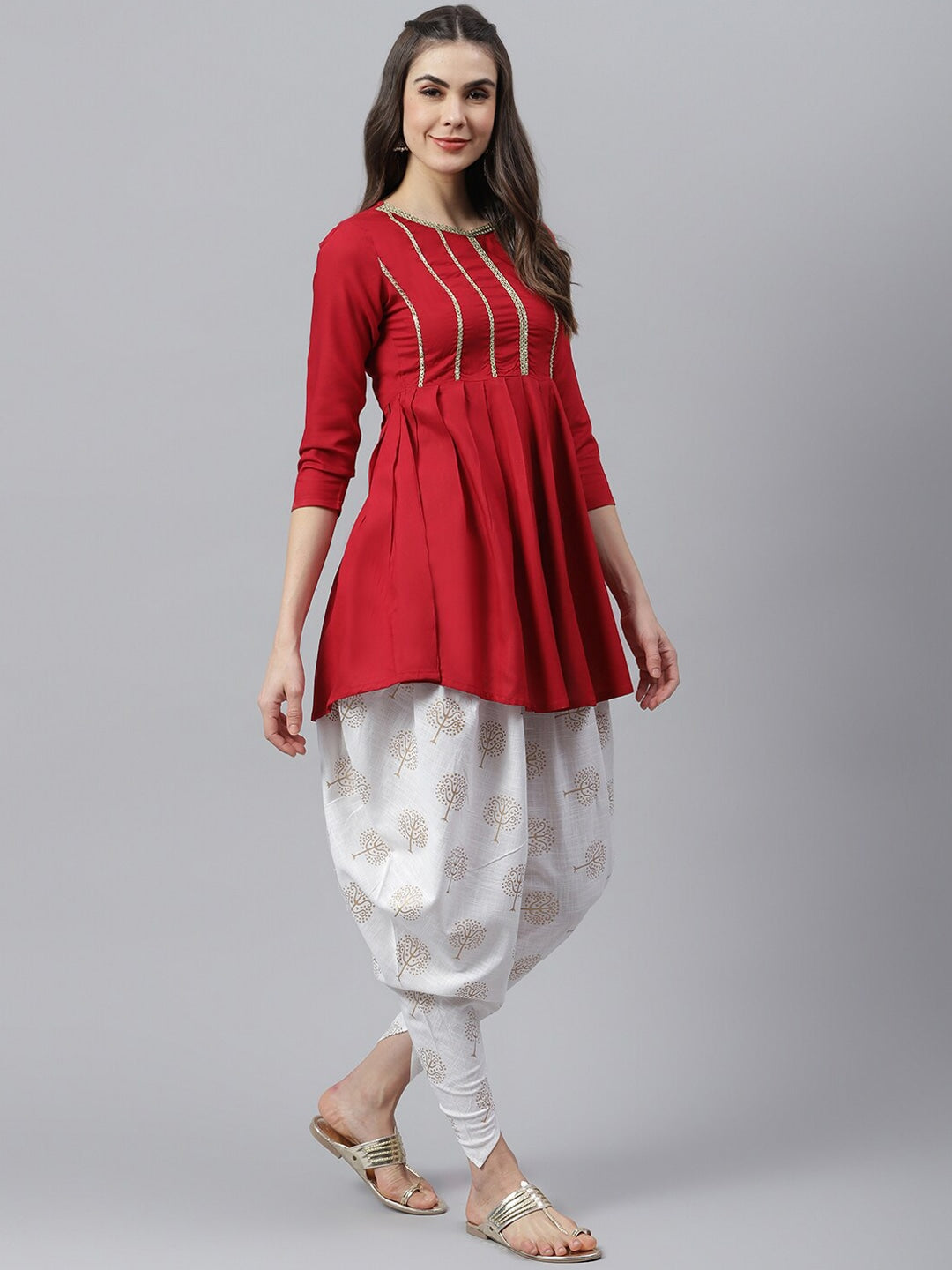 Women's Embellished Rayon Pleated kurta Dhoti Pant Set (Maroon, Off White) (Pre-Order)